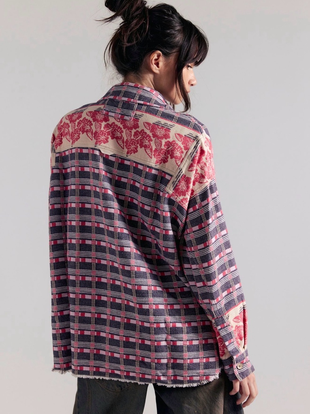 Free People Plaid Button-Up Shirt Jacket in Pink and Navy